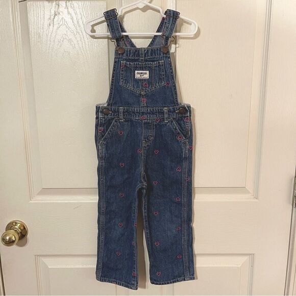 Oshkosh B'gosh Blue Jean Overalls with Pink Embroidered Hearts Girl's 3T - Picture 1 of 9
